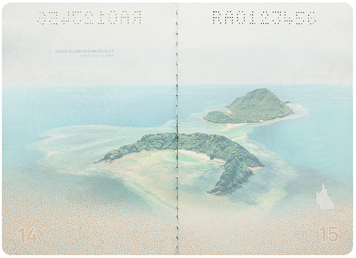 Image of the Dauar Island and Waier Islet in the Torres Strait Islands which are featured in the R Series passport.