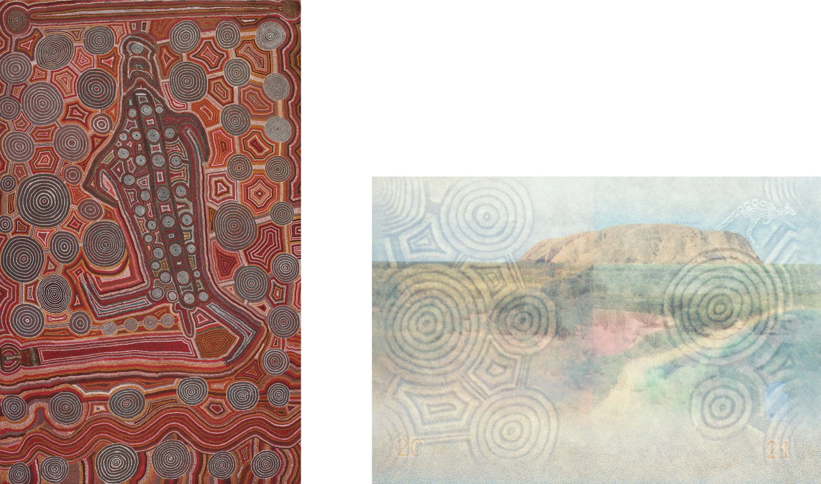 On the left is an image of Yumari (1981) by Uta Uta Tjangala.  On the right is an image of the R Series passport visa page of Uluru with the Yumari watermark.