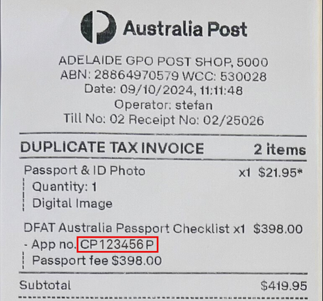 Aus Post payment receipt with passport application number highlighted